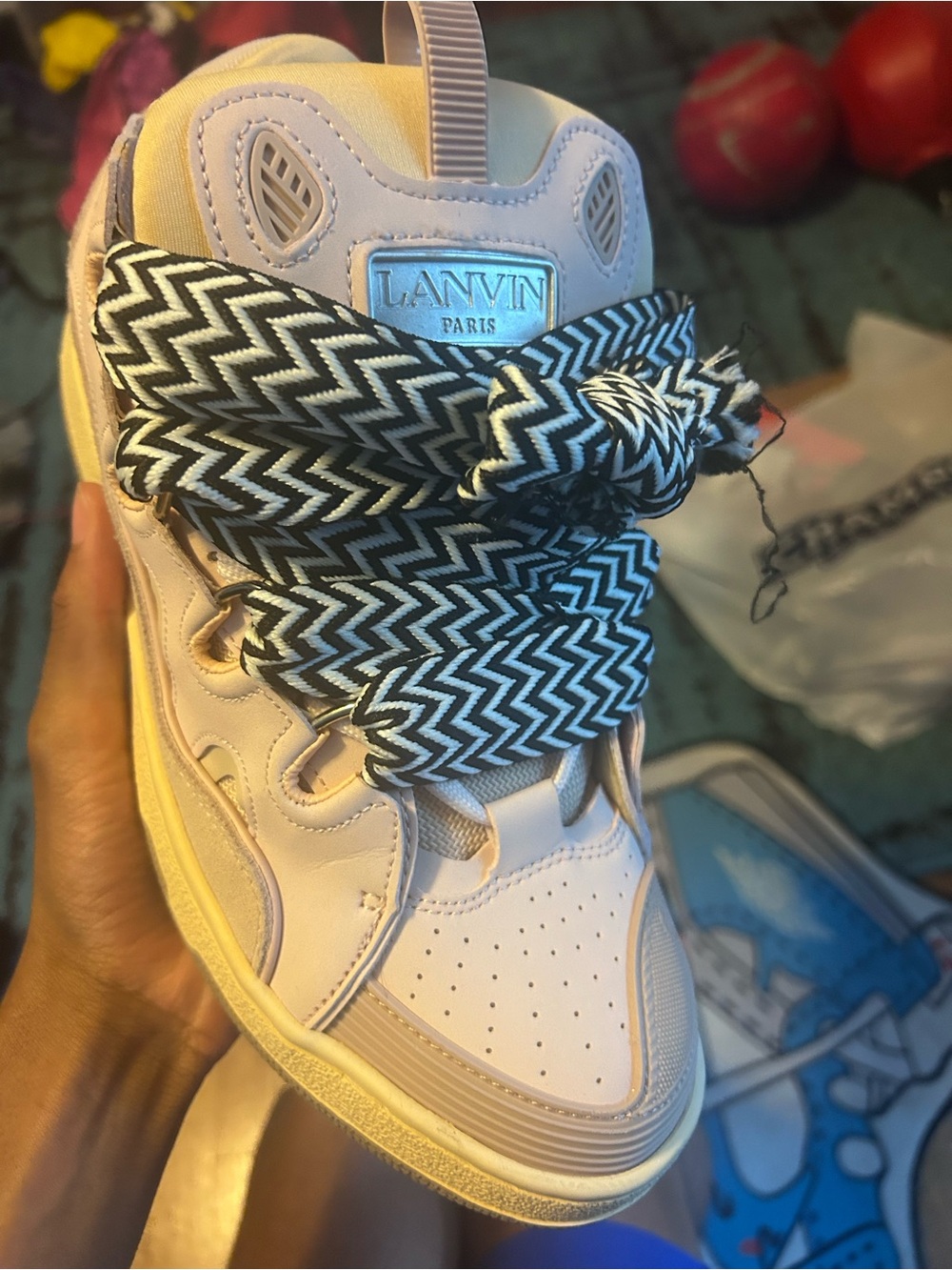 Lanvin Pastel Pink Leather High-Top Sneaker with Black & White Chevron Laces